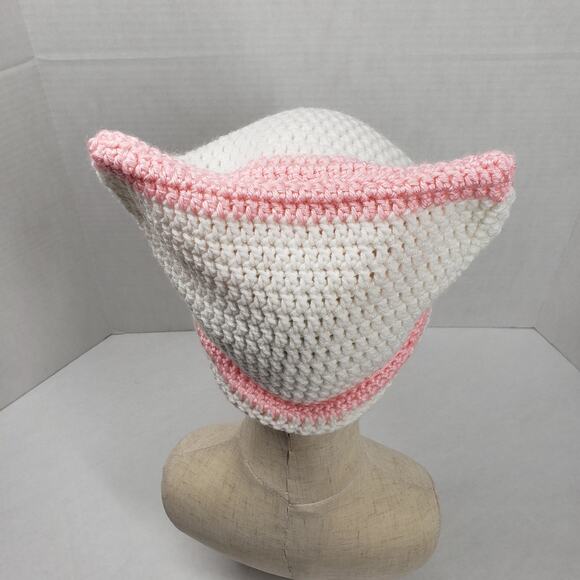 Cat Ear Beanie Crochet Hat White Pink Stripe Handmade Knit Kitty Soft Winter - Picture 10 of 16